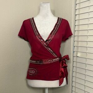 Size M burgundy red sequin wrap top with paisley embroidery boho witchy artsy